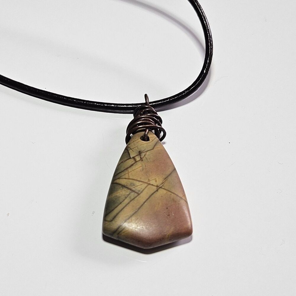 Brown Blue Pink Picasso Jasper Pendant Necklace Cord Chain 24-25.5"